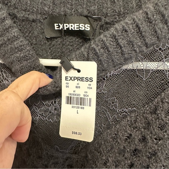 EXPRESS Cable Knit Crew Neck Lace Sweater Women's Size Large Dark Gray - Picture 4 of 6